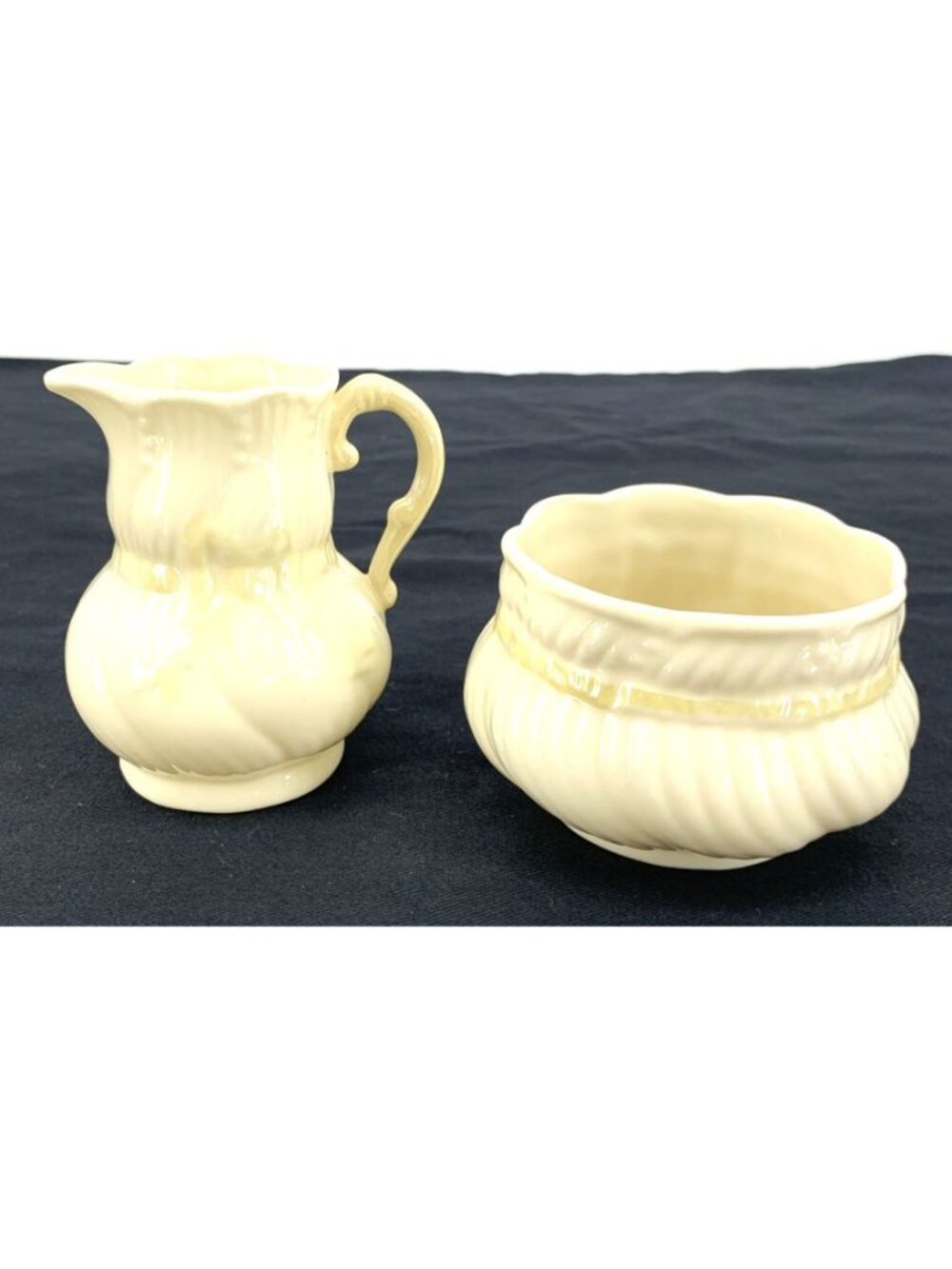 Belleek Ribbon Bow Creamer & Open Sugar Bowl Brown/Green Mark Lot of 2